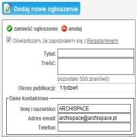 Zamieść bezpłatne ogłoszenie na portalu - Zamieść bezpłatne ogłoszenie w serwisie ARCHISPACE